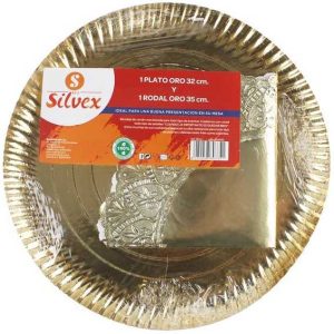 BANDEJA DE CARTON DORADA ORO DE Ø 32CM. CON BLONDA DORADA ORO DE Ø 35CM. PARA REPOSTERIA. DE SILVEX 3341.
