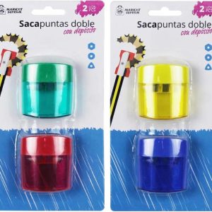 SACAPUNTAS CON DEPOSITO DE PLASTICO DE 2 ORIFICIOS EN SET DE 2. DE MARKET SUPREM A6908. PRECIO POR SET.