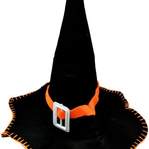 DISFRAZ DE SOMBRERO DE BRUJA DE FIELTRO NEGRO Y NARANJA.