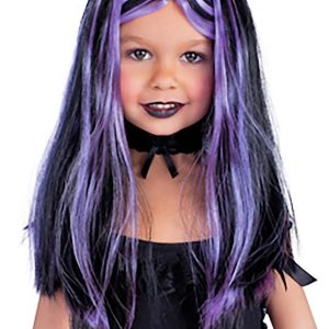 DISFRAZ PELUCA INFANTIL LARGA DE BRUJITA CON MECHAS LILAS.