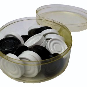 FICHAS DE DAMAS EN CAJA DE PLASTICO TRANSPARENTE DE 24 PIEZAS.