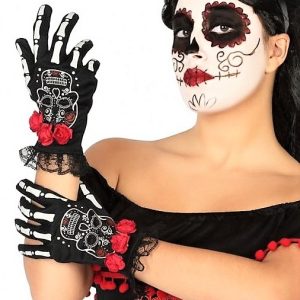 GUANTES CON ESQUELETO Y CALAVERA DECORADA PARA CATRINA. PARA HALLOWEEN. 39719 ATOSA.