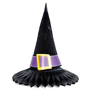 CENTRO DE MESA DE PAPEL EN FORMA DE GORRO DE BRUJA PARA HALLOWEEN. TAMAÑO 27,90CM.
