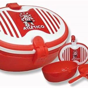 FIAMBRERA TARTERA DE PLASTICO INFANTIL CON CUBIERTOS DEL ATLETICO DE MADRID.