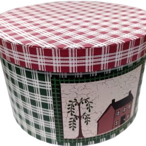 CAJA DE CARTON DECORADA REDONDA DE CUADROS. MEDIDAS 20.5X13CM.