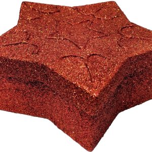 CAJA CON FORMA DE ESTRELLA ROJA DE CARTON CON PURPURINA.