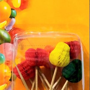 PINCHOS DE MADERA DECORADOS CON FRUTAS DE PAPEL. BLISTER DE 12 UNIDADES.