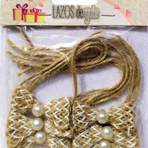 LAZO DE TELA Y YUTE CON CUERDA PARA DECORAR EN BLISTER DE 6 UNIDADES. MODELOS  SURTIDOS
