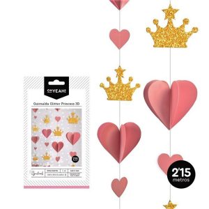 GUIRNALDA EN 3D DE CORAZONES ROSA Y CORONAS DORADAS DE TECHO DE 2,15MTR.