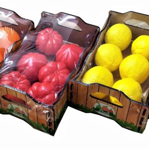 CAJA DE MADERA CON 6 UNIDADES DE FRUTAS U HORTALIZAS DE PLASTICO. PRECIO POR CAJA.
