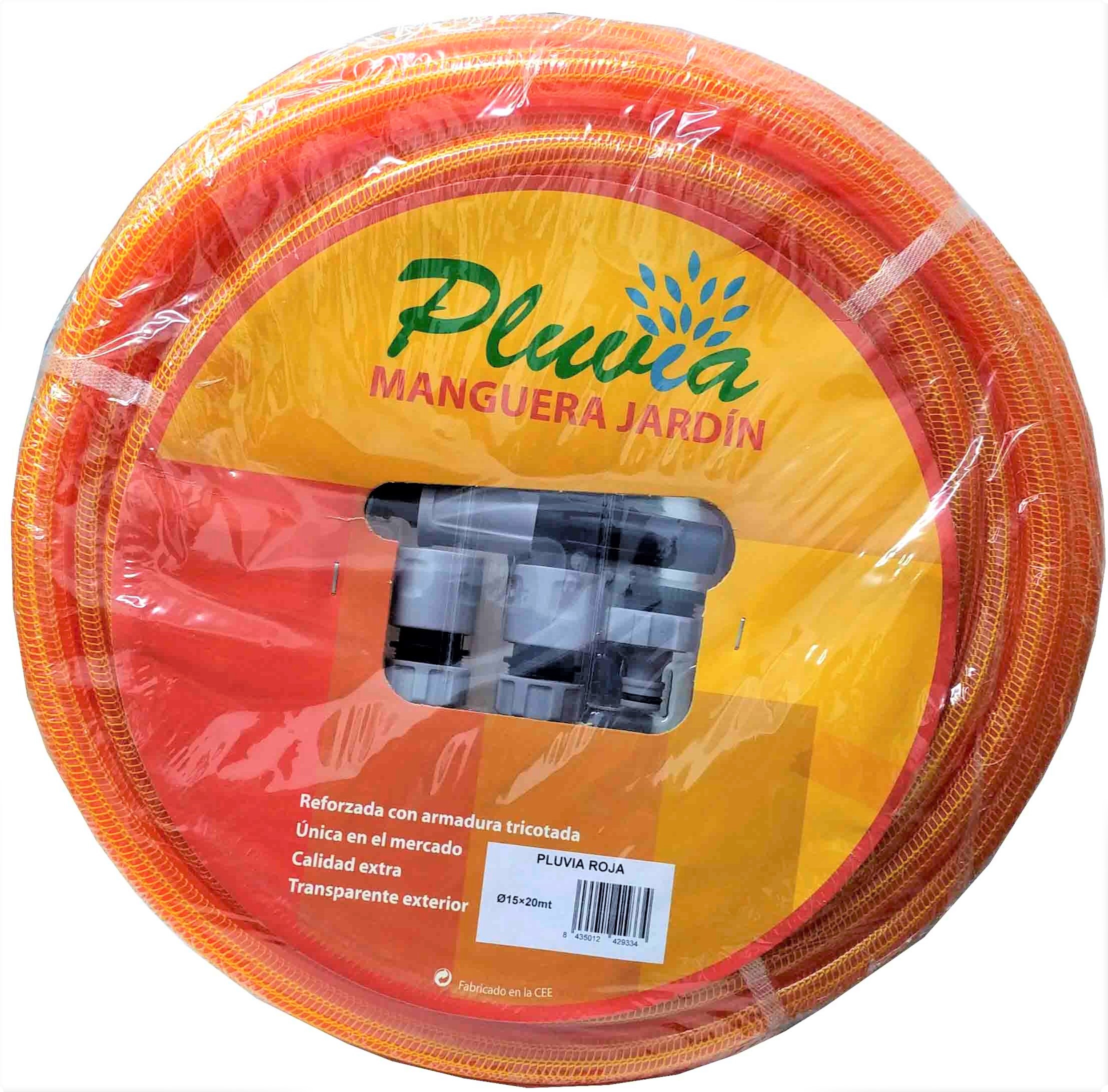 MANGUERA PARA JARDIN TRENZADA ROJA DE 20MT. Y DE 15X19MM INTERIO/EXTERIOR. MAS ACCESORIOS.