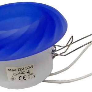 OJO DE BUEY DE CRISTAL COLOR AZUL PASTEL MOTIVOS DE OLAS. SIN TRANSFORMADOR. VALIDO PARA 12V. Y 220V.