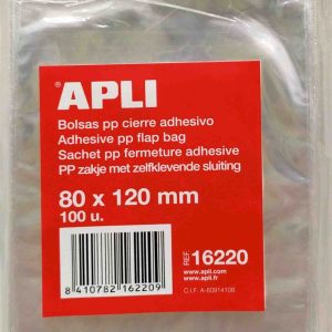 BOLSAS DE CIERRE ADHESIVO DE 80X120MM. DE POLIPROPILENO BLISTER CON 100 UNIDADES MARCA APLI.