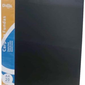CARPETA TAMAÑO FOLIO CON 20 FUNDAS PARA A4. TAPAS DE PLASTICO RIGIDO BLANDO Y COLOR NEGRA