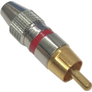 CONECTOR CLAVIJA DE AUDIO MACHO RCA COLOR ORO, PLATA Y ROJO CARCASA METALICA