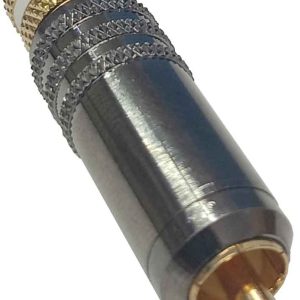 CONECTOR CLAVIJA DE AUDIO MACHO RCA COLOR ORO, PLATA Y BLANCO. CARCASA METALICA