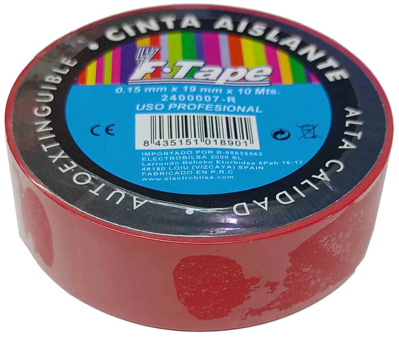 CINTA AISLANTE DE PVC DE 10MTSX19MM COLOR ROJA USO PROFESIONAL. MARCA FTAPE 2400007-R