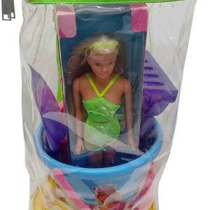 BOLSA MOCHILA DE PLASTICO CON MUÑECA STEFFI Y CUBO PALAS Y ACCESORIOS PLAYEROS