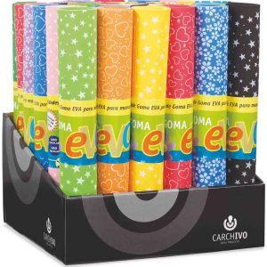 ROLLO DE HOJA DE GOMA EVA DE 45X30CM. DECORADA Y COLORES SURTIDOS. PRECIO POR UNIDAD.