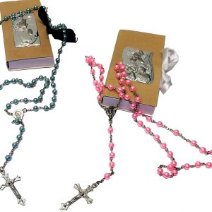ROSARIO DE COLOR ROSA/AZUL CON CAJA DECORADA PARA 1º COMUNION.
