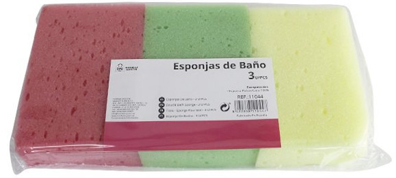 ESPONJA DE BAÑO RECTANGULAR DE ESPUMA DE POLIURETANO DE 8X12X3,5CM EN BLISTER DE 3 UNIDADES DE MARKET SUPREM 11044