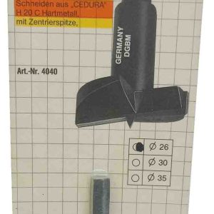 BROCA BISAGRA UNIVERSAL DE Ø 26MM CON ESPIGA HEXAGONAL Y CUCHILLAS DE METAL DURO H20 C. CON PUNTA CENTRADORA DE CEDURA 4040.