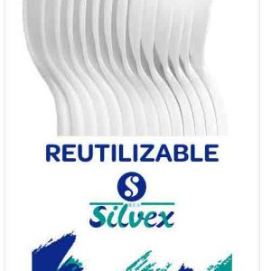 CUCHARA DE PLASTICO REUTILIZABLE DE 17,5CM PREMIUM BLANCA EN PACK DE 12 UNIDADES. DE SILVEX 1485.
