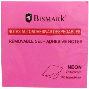 TACO DE NOTAS AUTOADHESIVAS DESPEGABLES DE QUITA Y PON DE 76X76MM Y 100 UNIDADES DE COLORES NEON BISMARK. PRECIO POR UNIDAD.