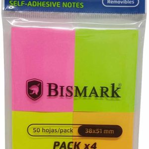 TACO DE NOTAS AUTOADHESIVAS DESPEGABLES DE QUITA Y PON DE 38X51MM Y 4X50 UNIDADES DE COLORES FLUORESCENTES DE BISMARK 921091.
