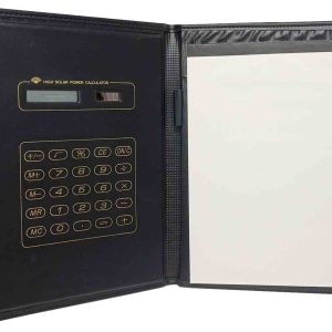 PORTAFOLIO CALCULADORA SOLAR GRANDE TAMAÑO FOLIO CON AGENDA, PORTABOLIGRAFOS, PORTATARJETAS COLOR NEGRO ACABADO DE CALIDAD