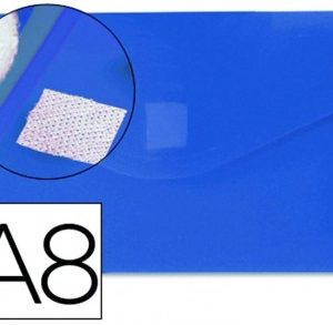CARPETA PORTADOCUMENTOS TIPO SOBRE DE POLIPROPILENO AZUL TRASLUCIDO, TAMAÑO A8 DE 11X7CM. APAISADO CON BROCHE DE VELCRO.