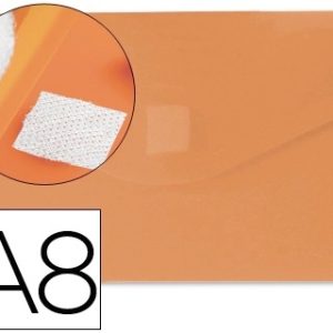 CARPETA PORTADOCUMENTOS TIPO SOBRE DE POLIPROPILENO NARANJA TRASLUCIDO, TAMAÑO A8 DE 11X7CM. APAISADO CON BROCHE DE VELCRO.