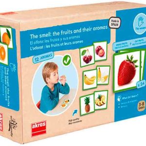 JUEGO MONTESSORI SOBRE EL OLFATO: LAS FRUTAS Y SUS AROMAS DE AKROS HECHO EN ESPAÑA.