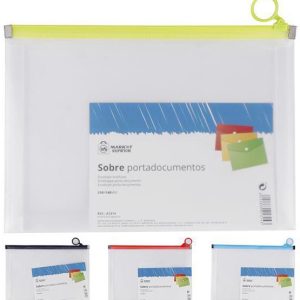 SOBRE PORTADOCUMENTOS DE PLASTICO TRASLUCIDO, TAMAÑO A5 210X148MM. CON CREMALLERA Y ANILLA DE COLORES DE MARKET SUPREM A1314. PRECIO POR UNIDAD.