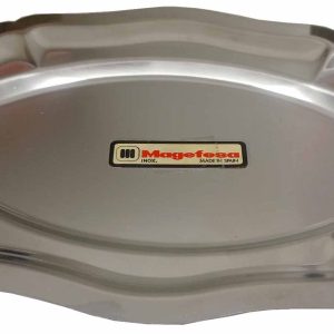 BANDEJA SIN ASAS METALICA CON FORMA OVALADA DE 25,5X17,5CM. DECORADA EN RELIEVE. INOXIDABLE DE MAGEFESA.