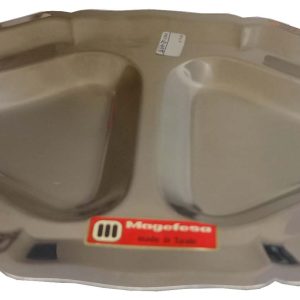 BANDEJA DE APERITIVO CON 2 HUECOS SIN ASAS METALICA CON FORMA OVALADA DE 29X18,5CM. DECORADA EN RELIEVE. INOXIDABLE DE MAGEFESA.