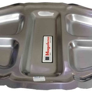 BANDEJA DE APERITIVO CON 5 HUECOS SIN ASAS METALICA CON FORMA OVALADA DE 40X26CM. DECORADA EN RELIEVE. INOXIDABLE DE MAGEFESA.