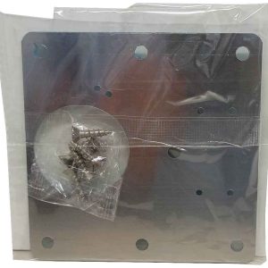 PLACA REPARADOR DE BISAGRA DE CAZOLETA DE 9X9CM. CON TORNILLOS. INOXIDABLE.