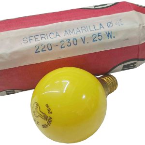BOMBILLA INCANDESCENTE DE 220V. 25W. CASQUILLO DE E-14. Ø 45MM. ESFERICA DE COLOR AMARILLA. MARCA ELVA.