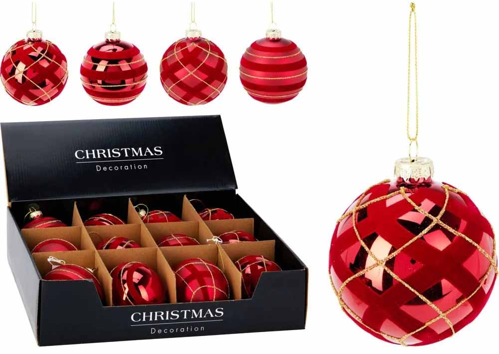 BOLAS DE VIDRIO ROJAS DE Ø 8CM. DECORADAS PARA NAVIDAD. EN CAJA EXPOSITORA DE 12 UNIDADES DE KOOPMAN CHRISTMAS 518349. PRECIO POR CAJA.