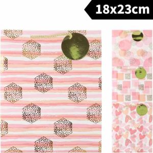 BOLSA PARA REGALO DE 23X18X10CM. DECORADA EN ROSA Y DORADO. CON ASAS DE CORDON. DE MARKET SUPREM A2207. PRECIO POR UNIDAD.