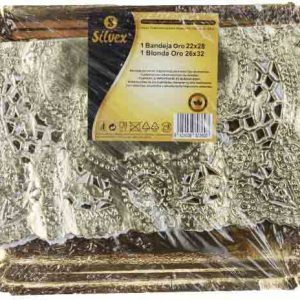 BANDEJA DE CARTON DORADA ORO DE 22X28CM. CON BLONDA DORADA ORO DE 26X32CM. PARA REPOSTERIA. DE SILVEX 3693.