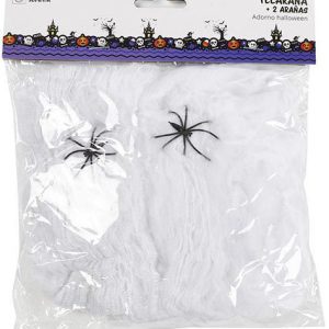 TELA DE ARAÑA EXTENSIBLE DE 40GRS. DECORATIVA. BLANCA + 2 ARAÑAS DE MARKET SUPREM A9994. PARA HALLOWEEN.