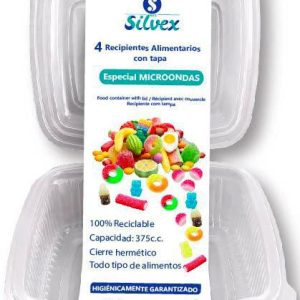 FIAMBRERA DE PLASTICO DE 375CC. ALIMENTARIA. CON TAPA. ESPECIAL PARA MICROONDAS. RECICLABLE. EN SET DE 4 UNIDADES. DE SILVEX 0111.
