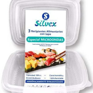 FIAMBRERA DE PLASTICO DE 500CC. ALIMENTARIA. CON TAPA. ESPECIAL PARA MICROONDAS. RECICLABLE. EN SET DE 3 UNIDADES. DE SILVEX 0128.