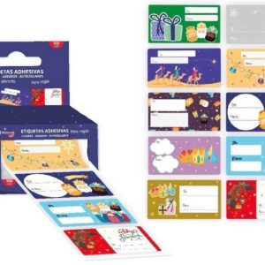 ETIQUETAS ADHESIVAS EN CAJA DE 100 UNIDADES CON 10 DISEÑOS DIFERENTES PARA REGALOS NAVIDEÑOS Y DE REYES MAGOS. DE BISMARK 332911.