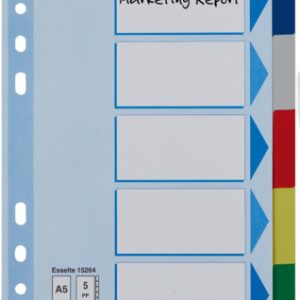 SEPARADOR DE 4º, A5 DE PLASTICO CON PESTAÑAS DE COLORES OPACOS. CONTIENE 5 UNIDADES. DE ESSELTE 15264.